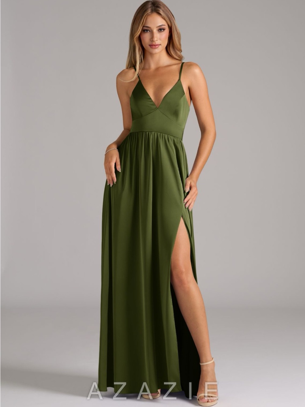 Azazie Olive Green V‑Neck Spaghetti‑Strap Maxi Dress